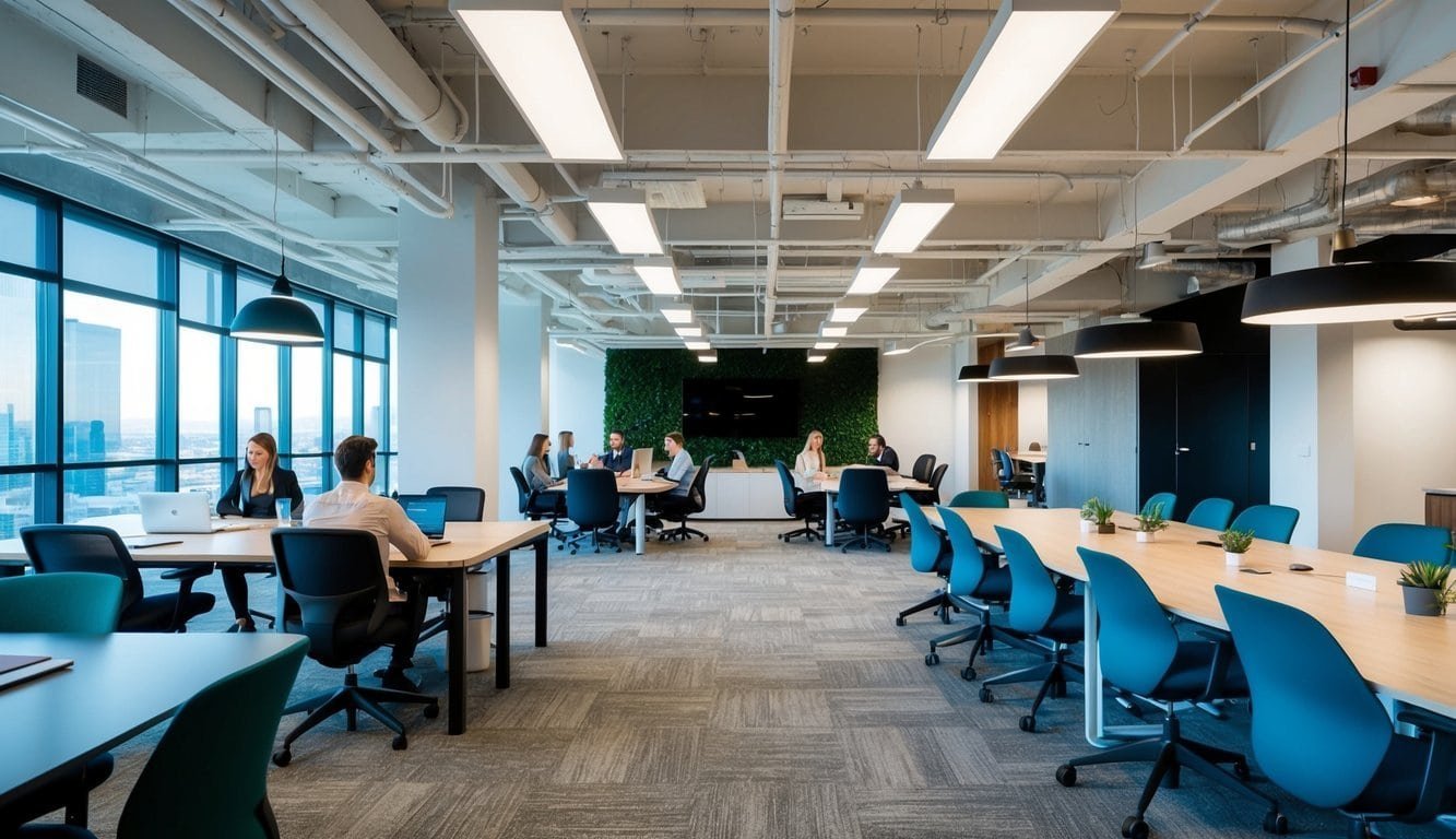 A modern, open-plan coworking space filled with natural light, diverse workstations, and collaborative meeting areas