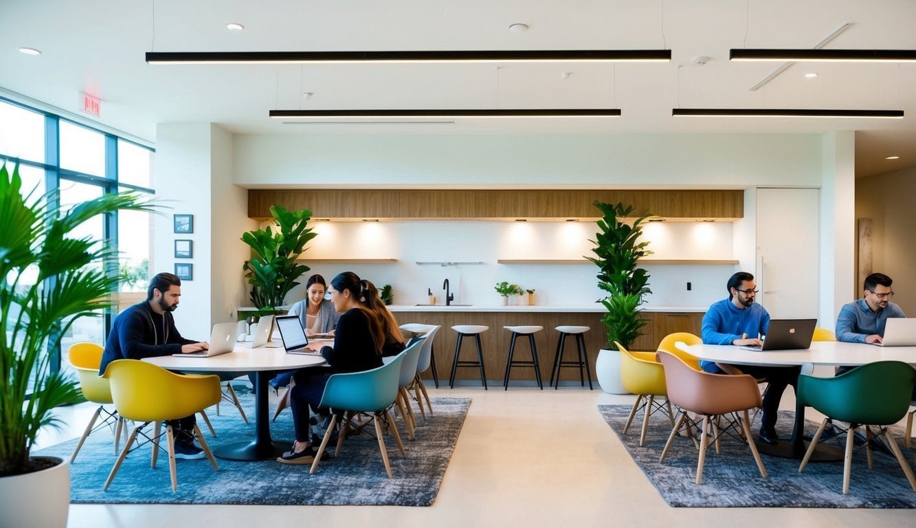 A bright, open space with modern furniture, plants, and a kitchenette. A large communal table is surrounded by individuals working on laptops