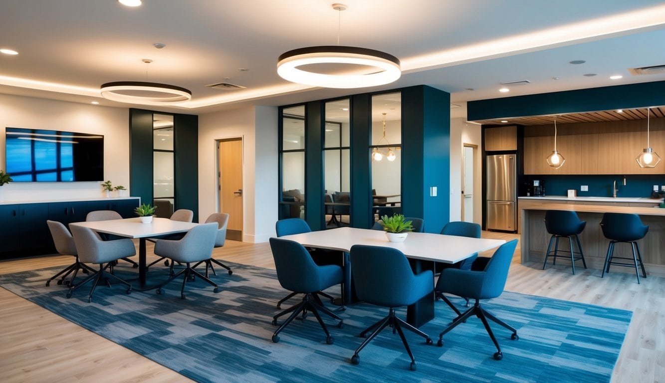 A spacious coworking area with modern furniture, natural lighting, meeting rooms, a kitchenette, and a communal lounge area