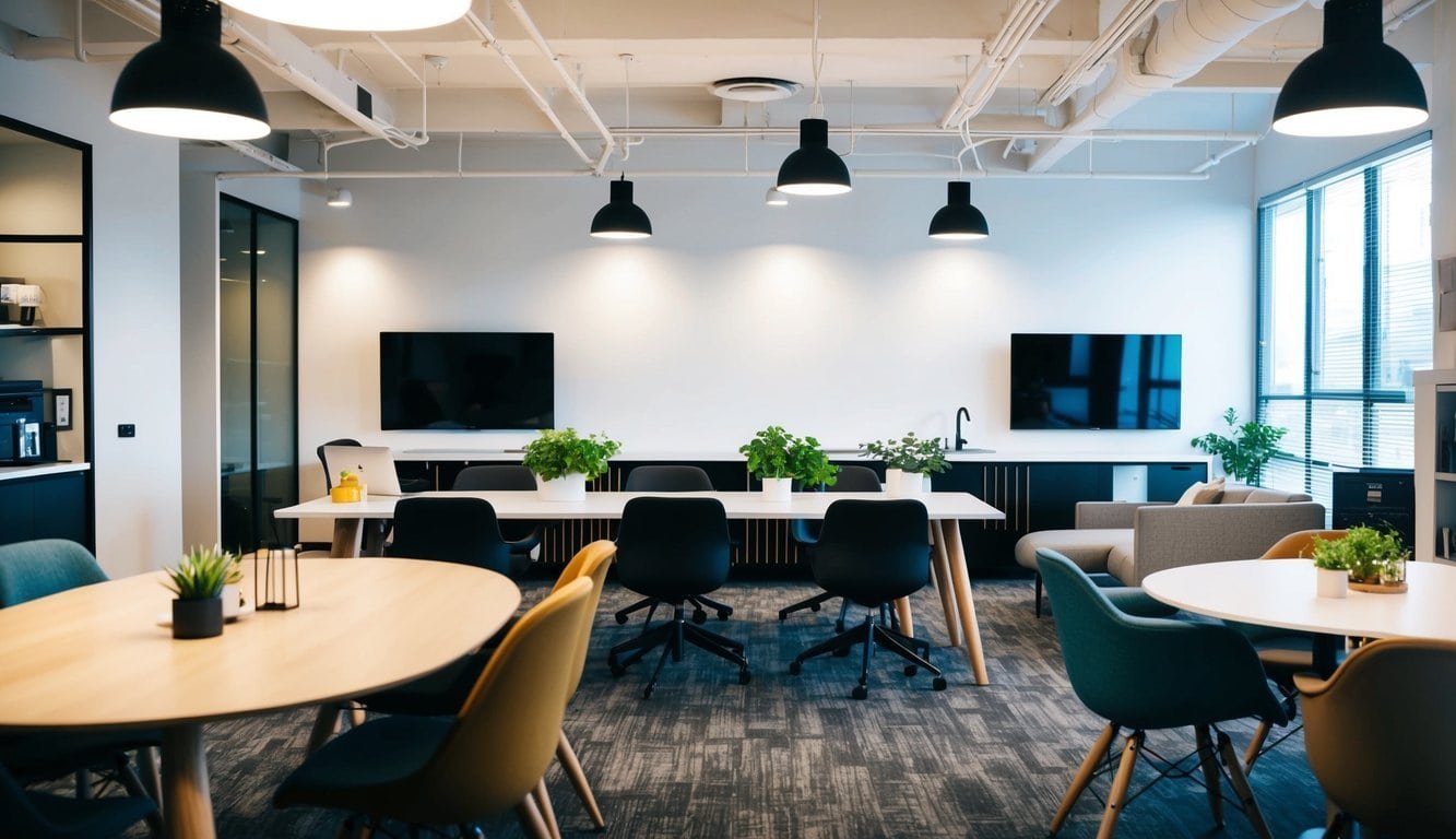 A modern coworking space with stylish furniture, high-speed internet, printing facilities, a well-stocked kitchen, and comfortable meeting areas