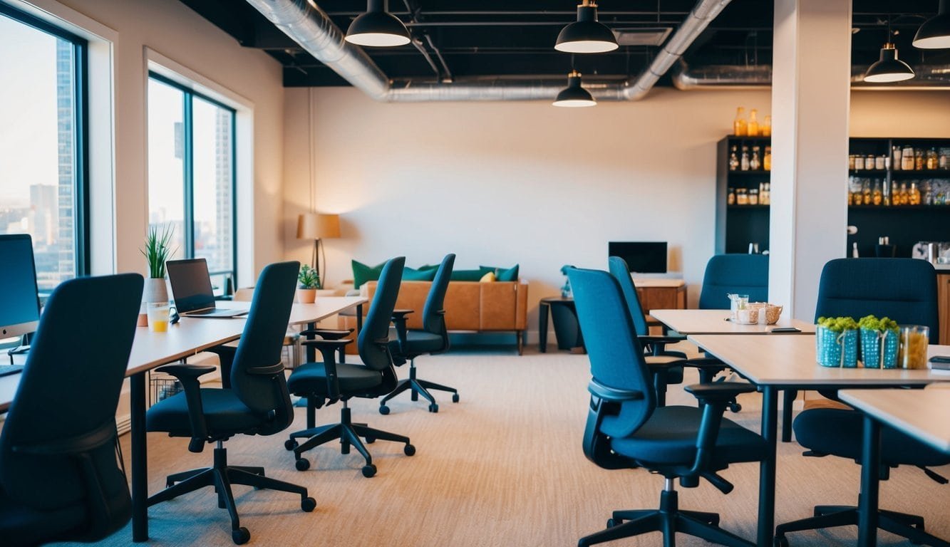 A cozy coworking space with ergonomic chairs, adjustable desks, and a well-stocked refreshment area