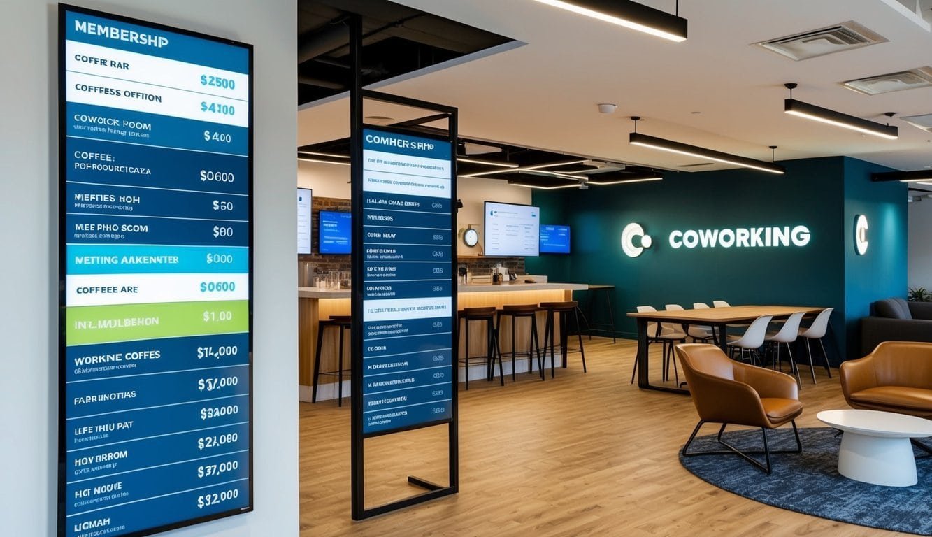 A modern coworking space with various membership options and cost considerations displayed, alongside common amenities such as a coffee bar, meeting rooms, and a comfortable lounge area