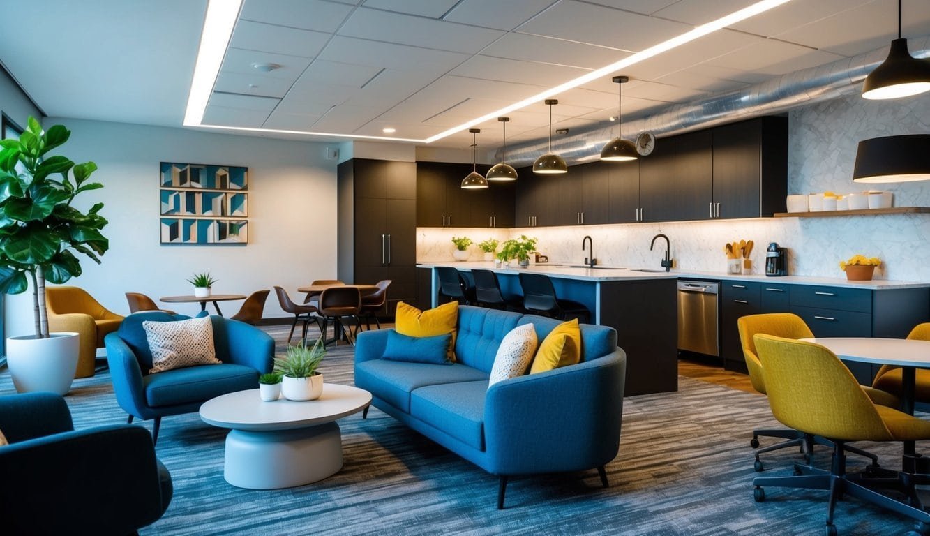 A bustling coworking space with modern decor, comfortable seating, private meeting areas, and a fully stocked kitchenette