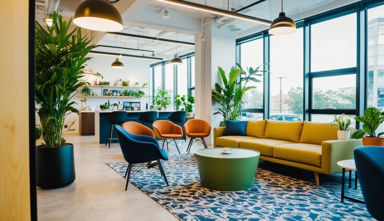 A vibrant coworking space with modern furniture, plants, and a coffee bar. Natural light streams in through large windows, creating a warm and inviting atmosphere