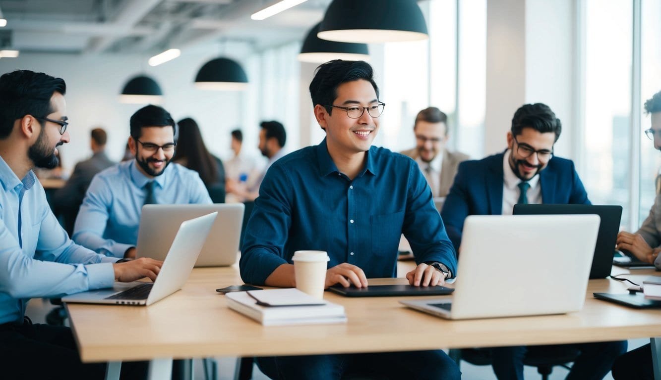 A person sitting at a desk in a modern coworking space, surrounded by other professionals working on laptops and collaborating in a bright, open environment