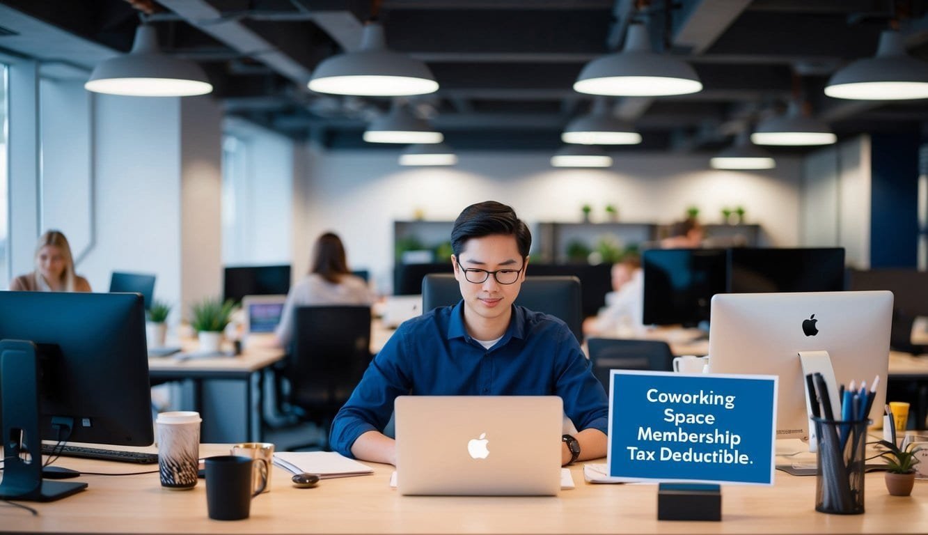 A person working in a modern coworking space, surrounded by desks, computers, and other office supplies, with a sign indicating "Coworking Space Membership Tax Deductible."