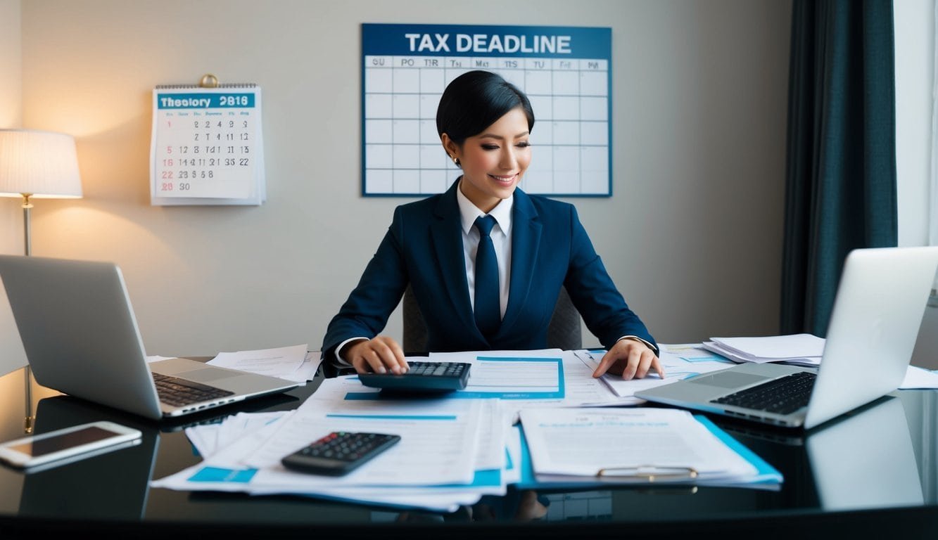 A person sitting at a desk surrounded by paperwork, calculator, and a laptop. A calendar on the wall shows the tax deadline