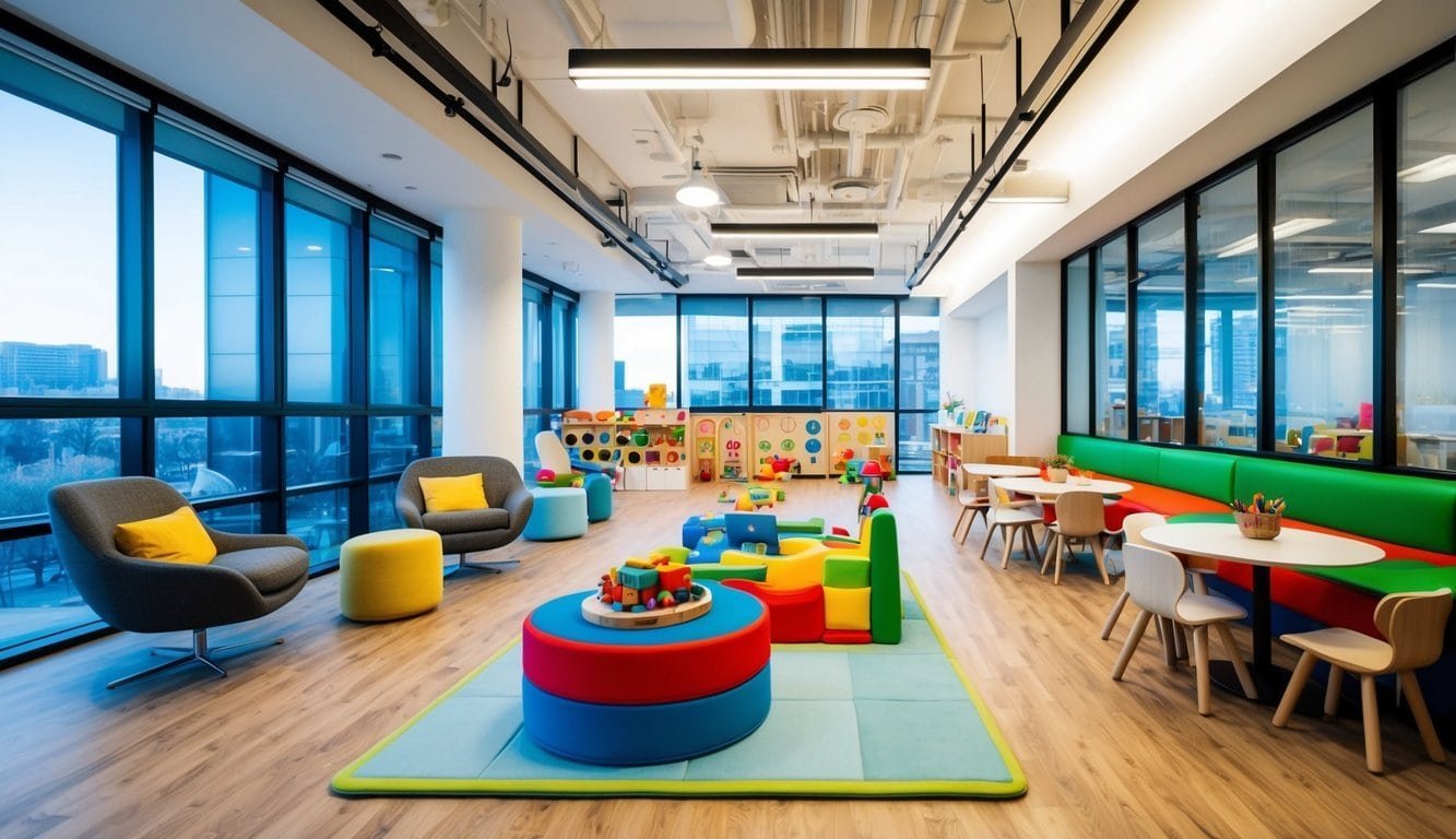 A modern coworking space with a designated area for childcare, featuring colorful toys, comfortable seating, and large windows for natural light
