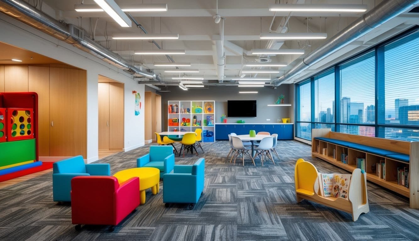 A modern, open-concept coworking space with designated areas for childcare, including colorful play equipment and a cozy reading nook