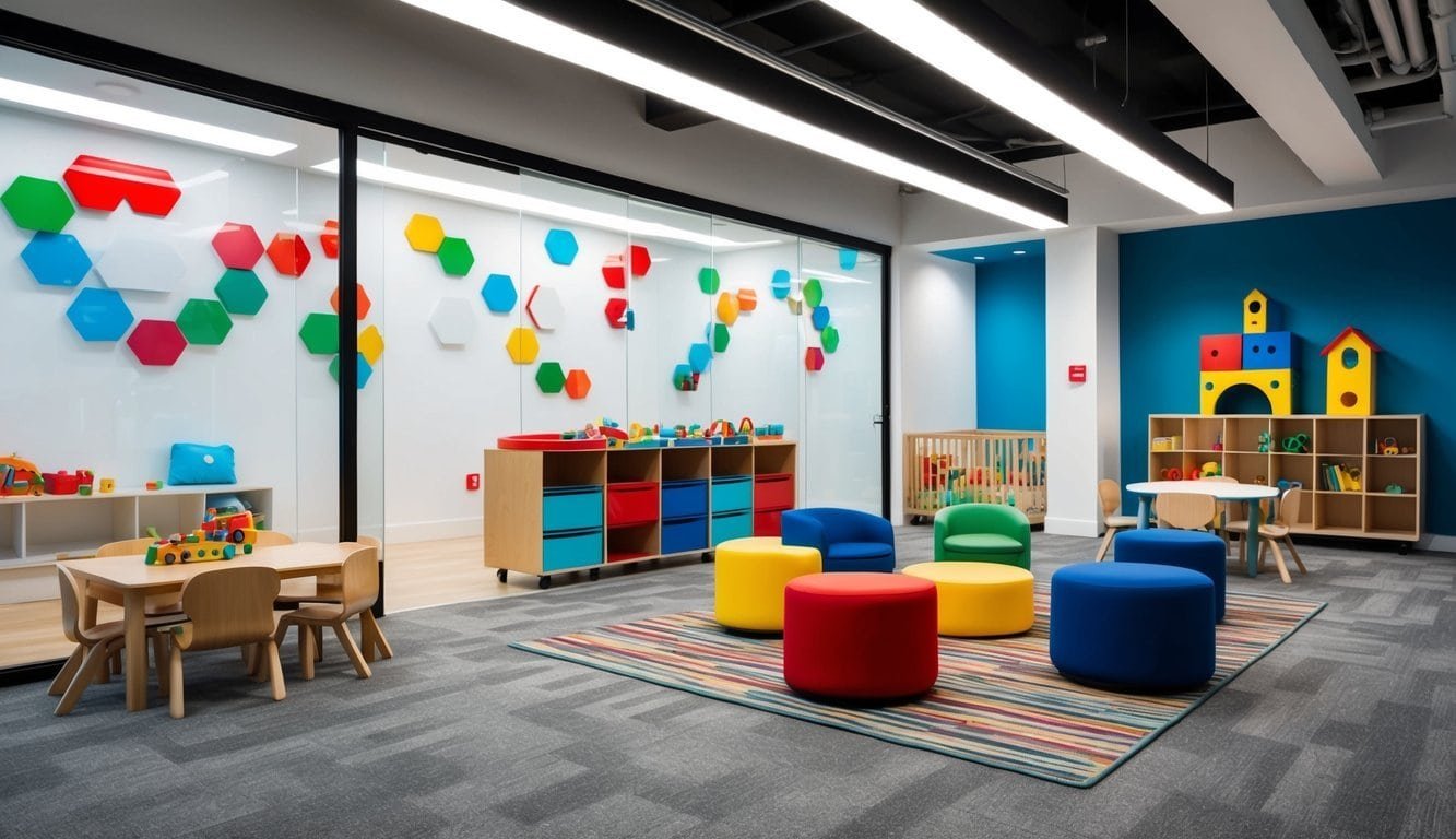 A modern coworking space with a designated childcare area, complete with colorful toys and child-friendly furniture