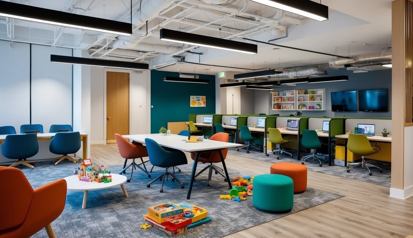 A modern coworking space with a designated area for childcare, featuring comfortable workstations and a play area with colorful toys and books