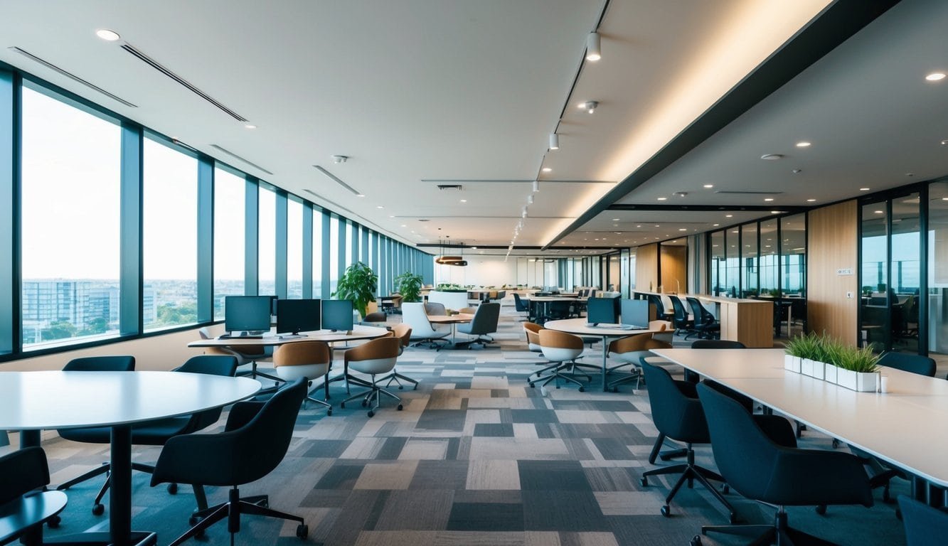 An open, modern coworking space with sleek furniture, large windows, and plenty of natural light. Various workstations, meeting areas, and amenities available